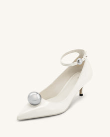 Jewel Buckle Kitten Heels Pumps - White