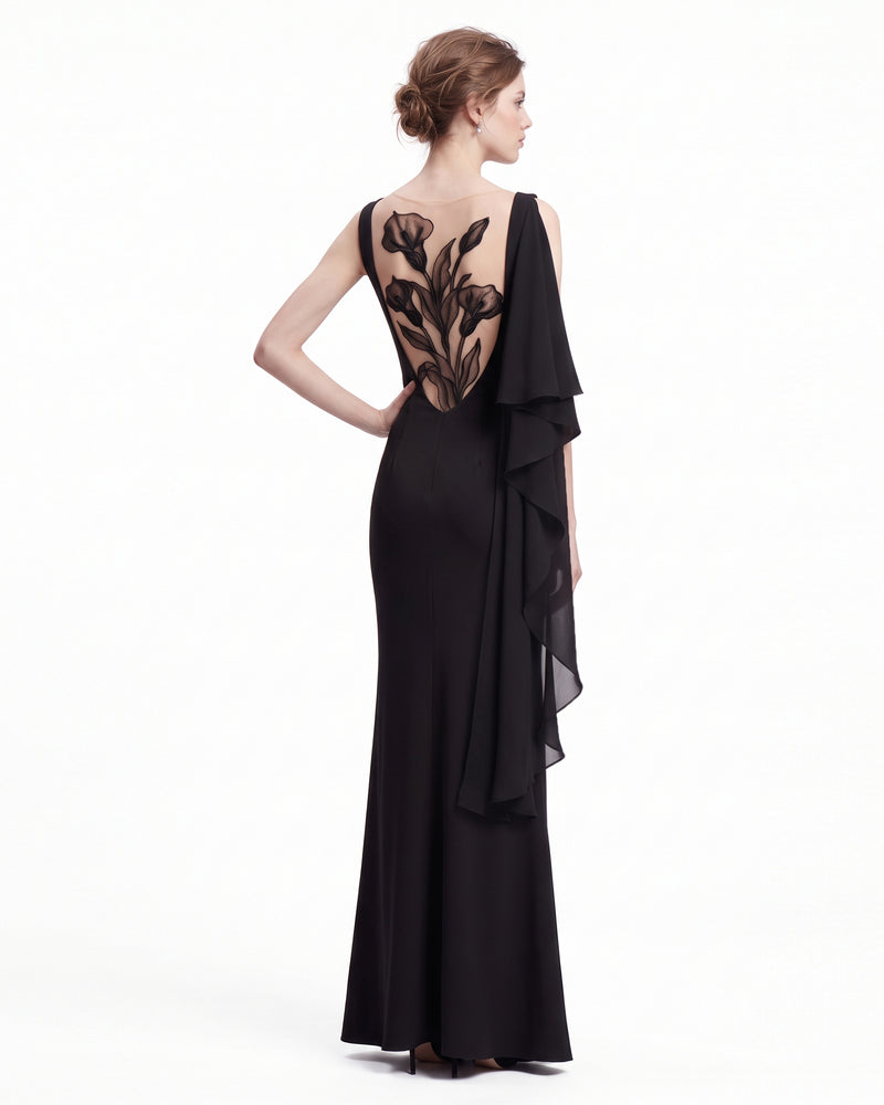 Calla Lily Embroidered Backless Draped Maxi Dress - Black