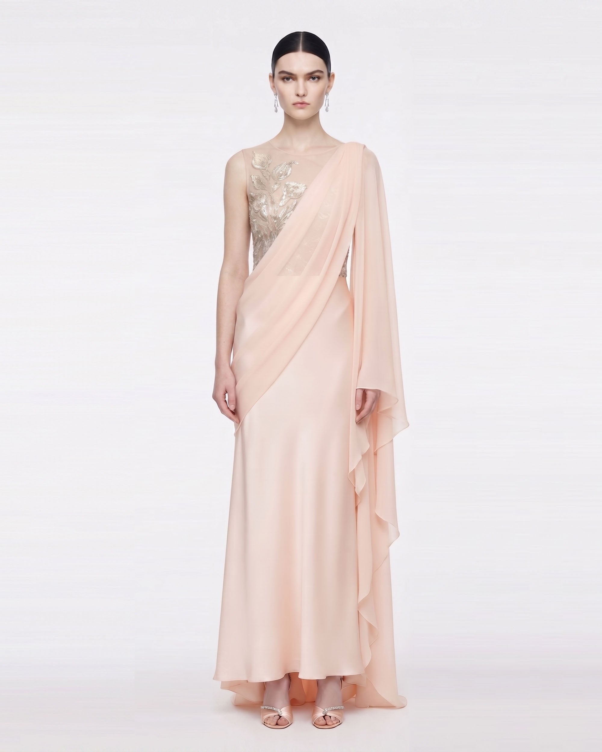 Botanical Embellished Draped Cape Maxi Dress - Blush Pink