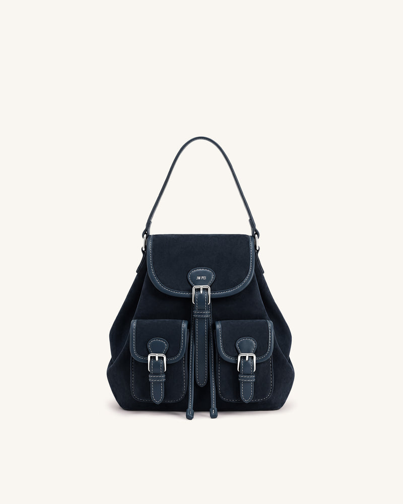 Harper Faux Suede Buckle Pocket Backpack - Navy Blue