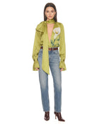 Calla Lily Printed Tie-Neck Silk Blouse - Lime Green