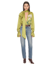 Calla Lily Printed Tie-Neck Silk Blouse - Lime Green