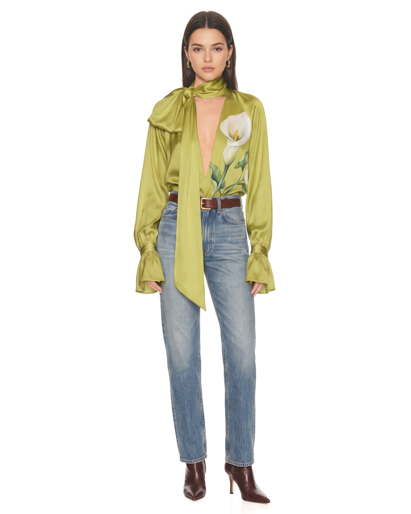 Calla Lily Printed Tie-Neck Silk Blouse - Lime Green