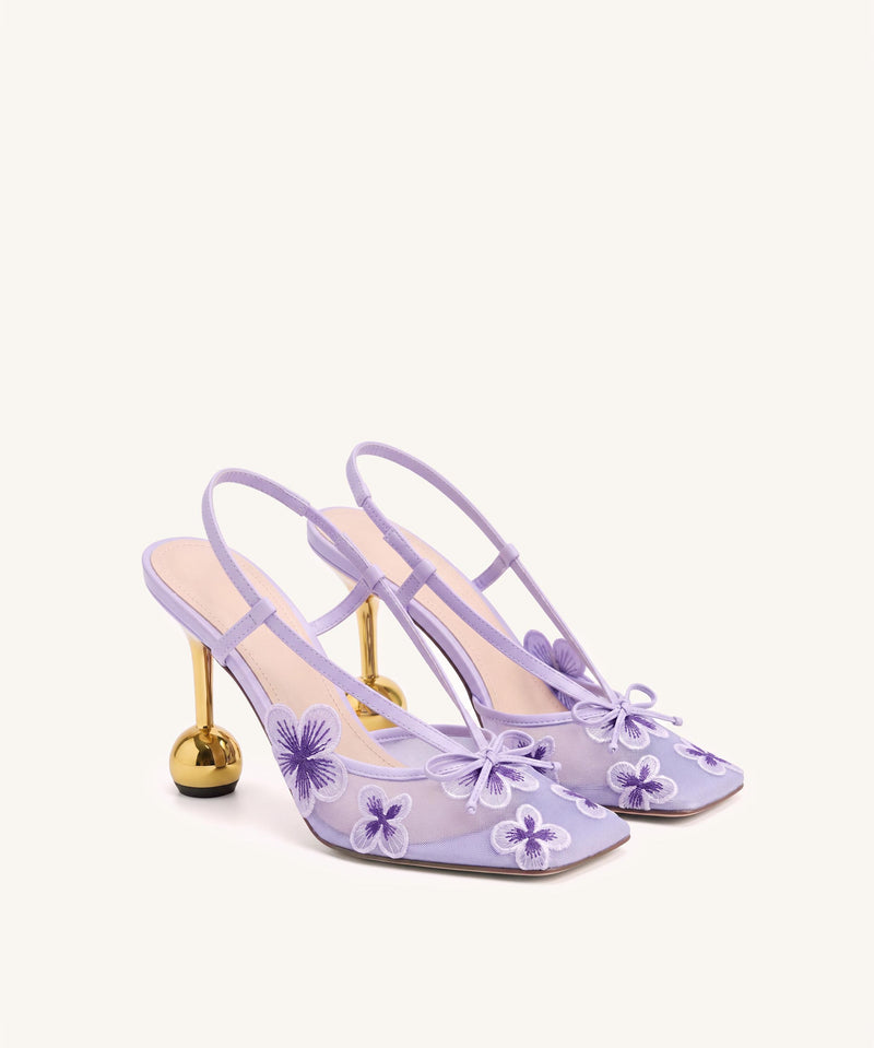 Mireille Floral Embroidered Bow Slingback Pumps - Lavender