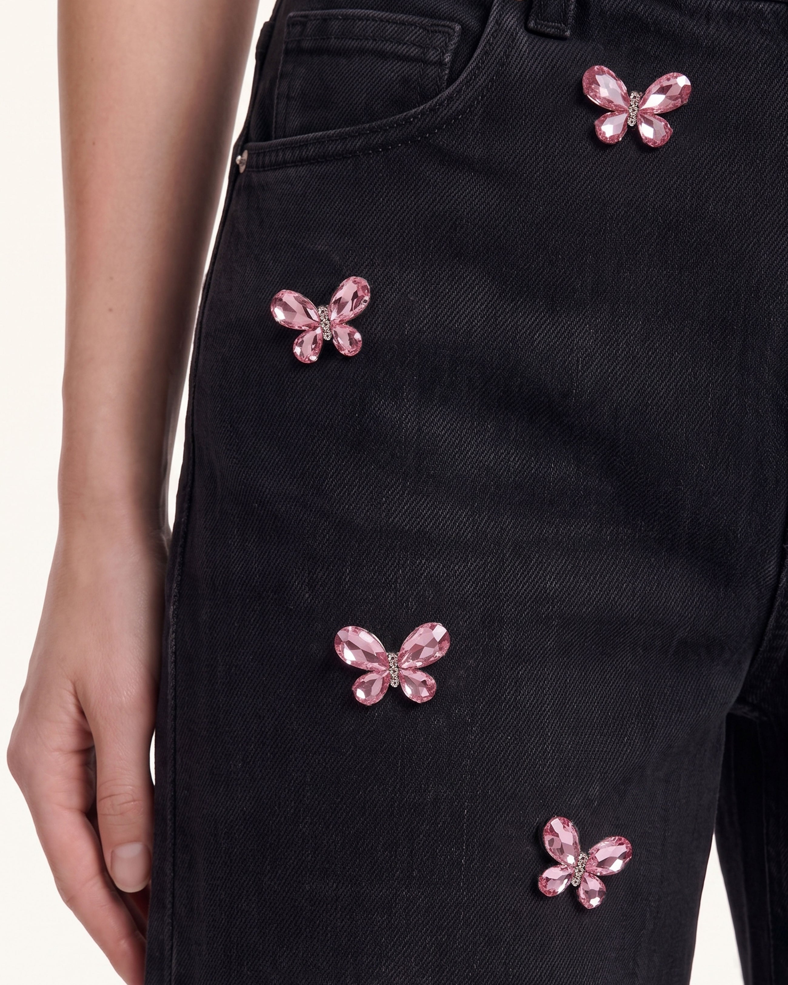The Midnight Crystal Butterfly Split Fray Jeans - Black