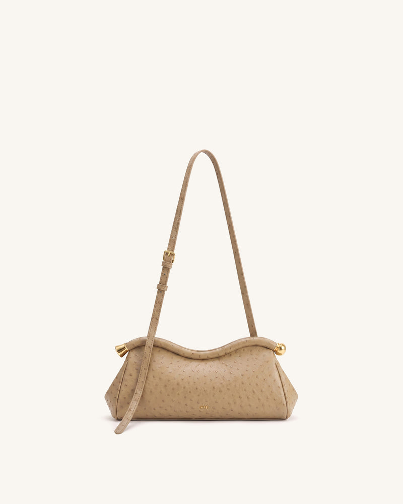 Naomi Faux Ostrich Grain Curved Shoulder Bag - Light Khaki