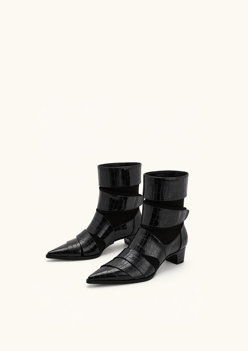 Emily Croc-Embossed Strap Ankle Boots - Black
