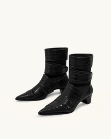 Emily Croc-Embossed Strap Ankle Boots - Black