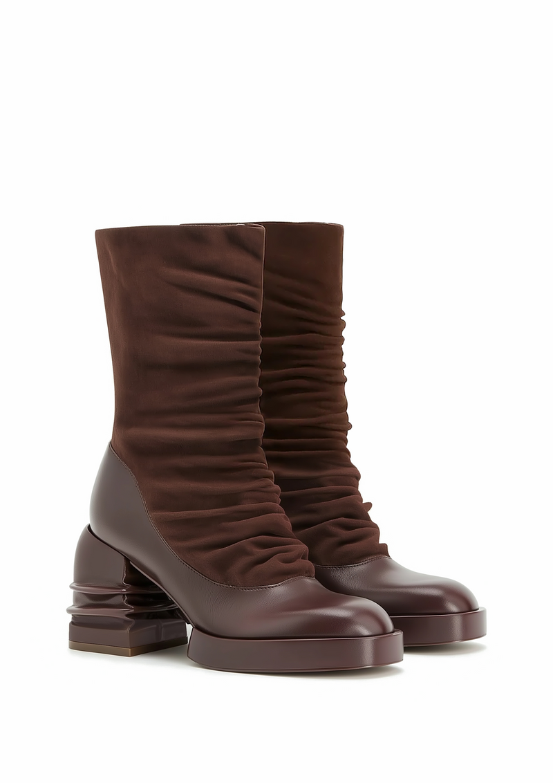 Saylor Round Toe Platform Pleated Ankle  Boots - Brown
