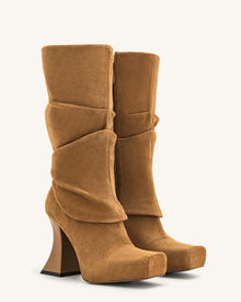 Reyna Square Toe Platform Knit Boots - Brown