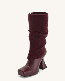 Reyna Square Toe Platform Knit Boots - Claret Red