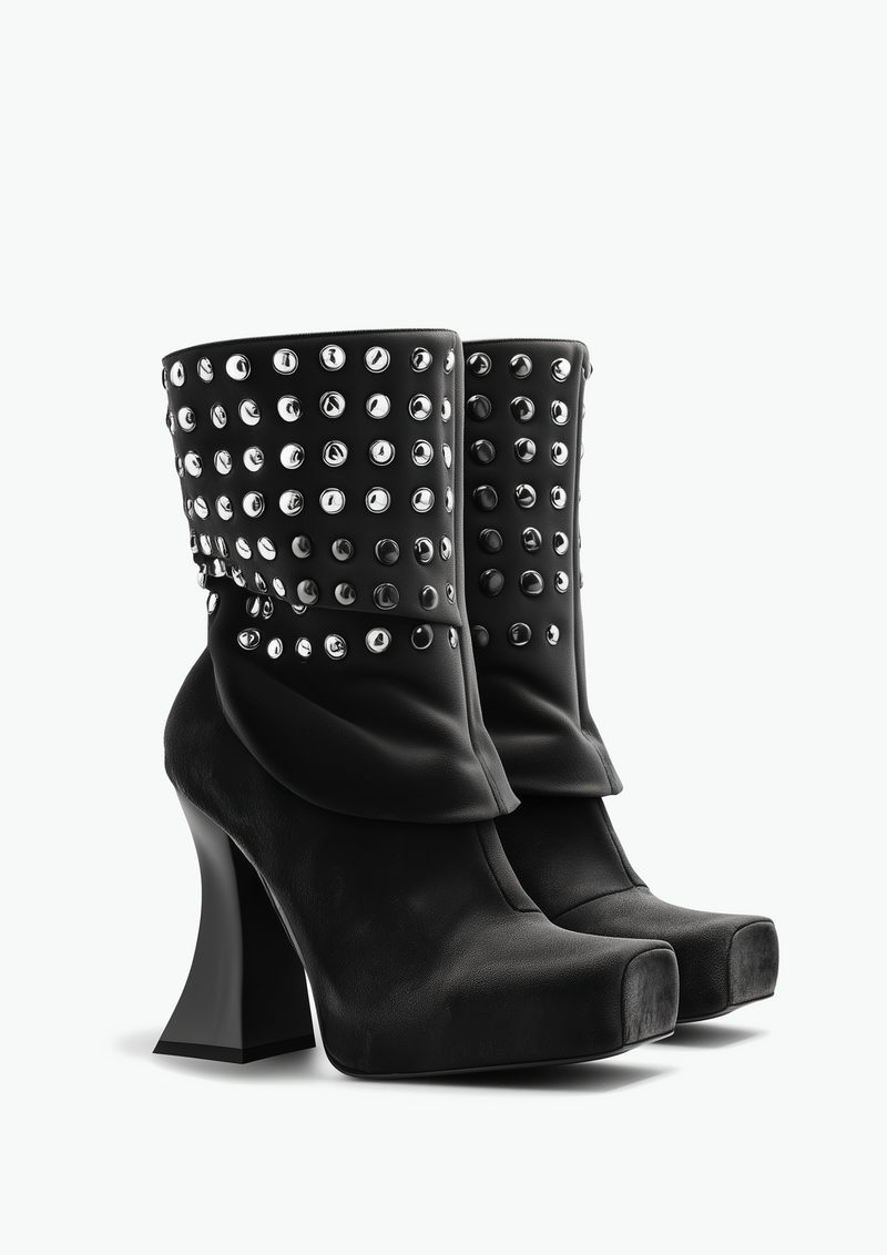 Reyna Rivet decoration Square Toe Platform Knit Ankle Boots - Black