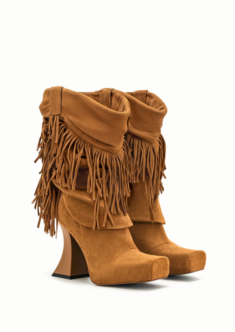 Reyna Tassels Square Toe Platform Knit Boots - Brown