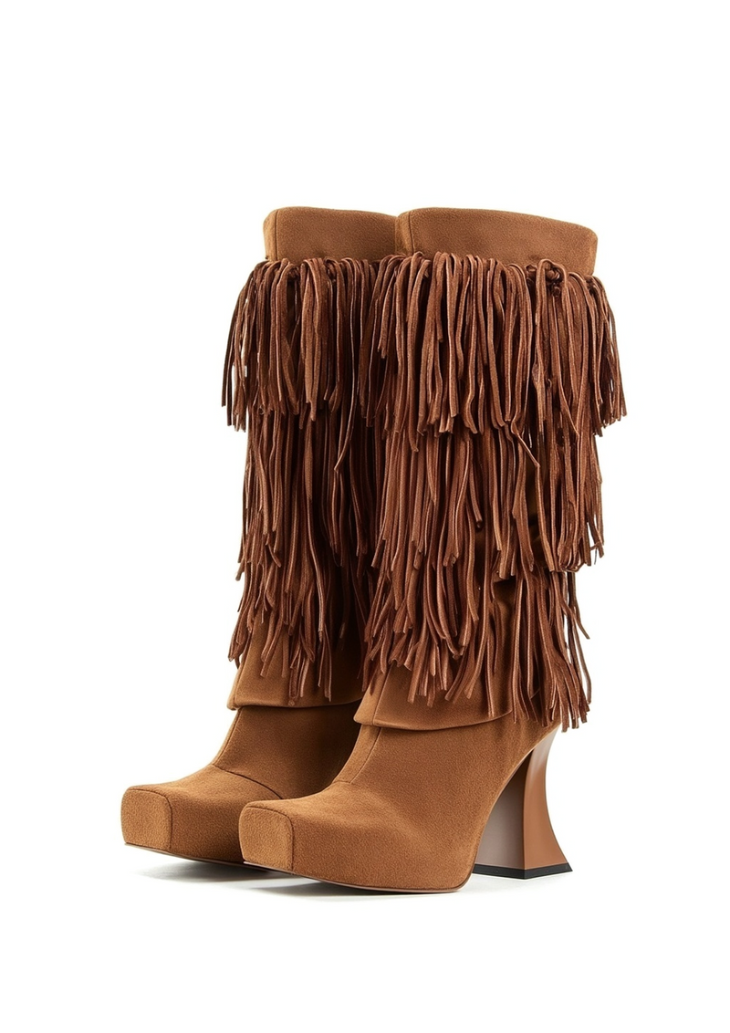 Reyna Tassels Square Toe Platform Knit Decoration Boots - Brown