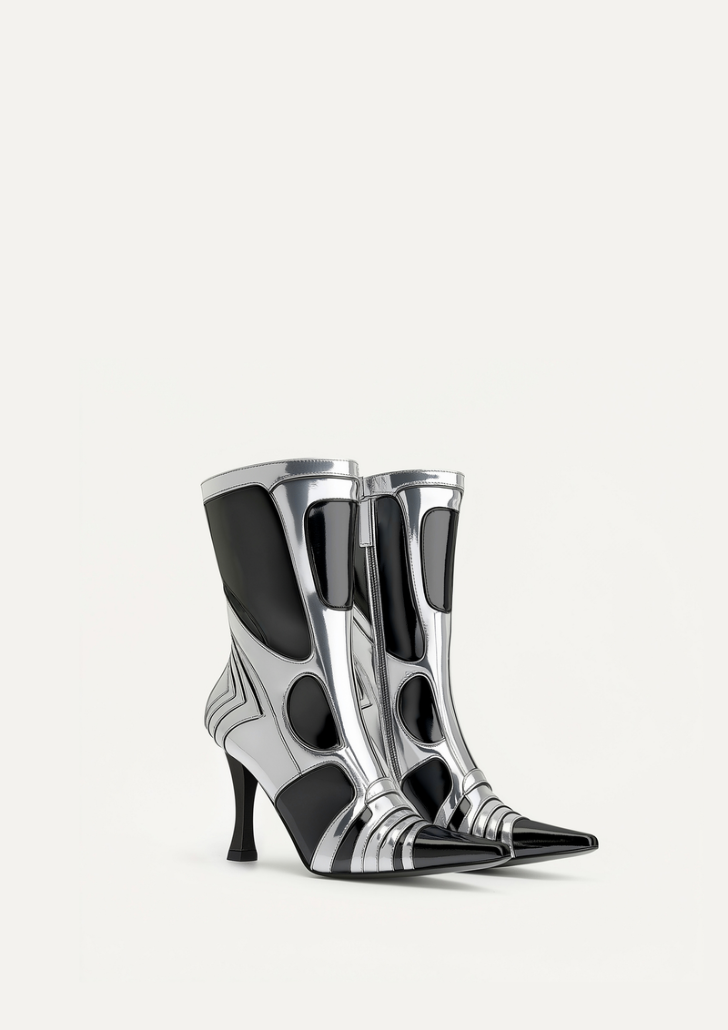 Odette Futuristic Heeled Bike Ankle Boots - Silver&Black