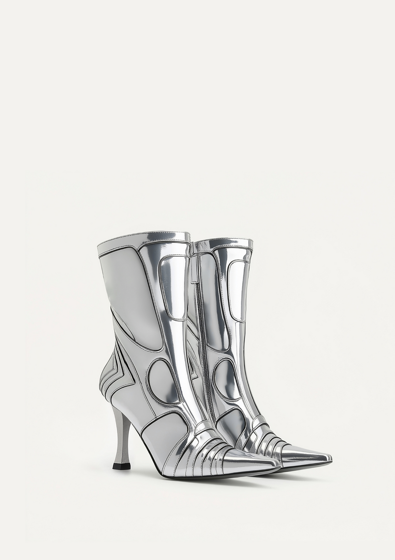 Odette Futuristic Heeled Bike Ankle Boots - Silver