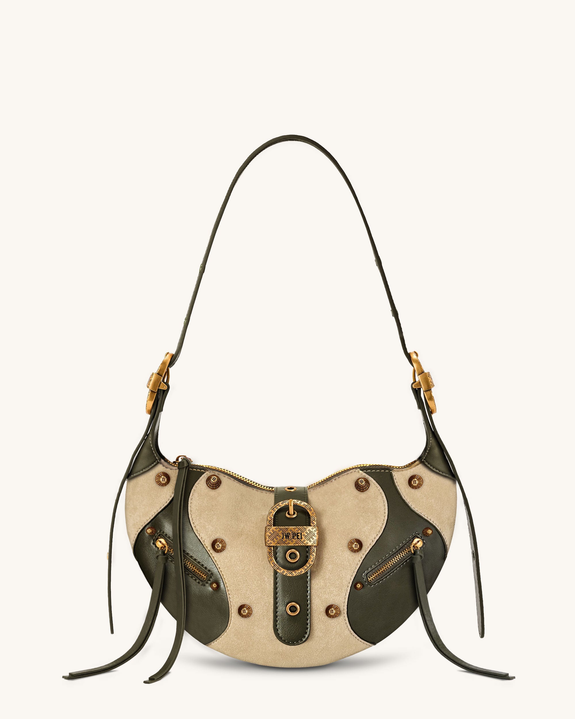 Tessa Faux Suede Studded Shoulder Bag - Khaki Green