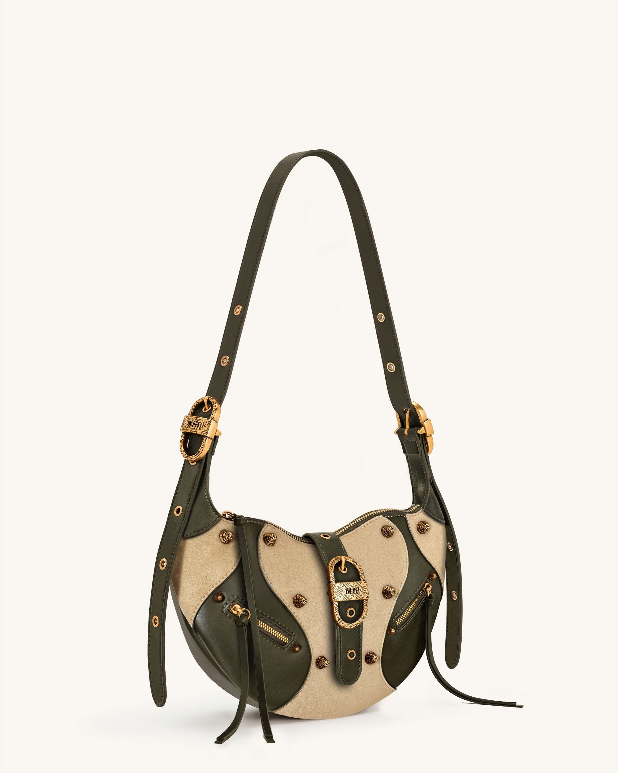Tessa Faux Suede Studded Shoulder Bag - Khaki Green