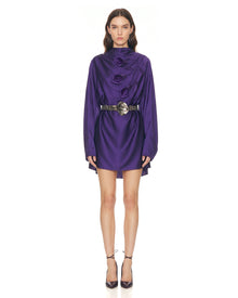 3D Calla Lily Belted Satin Mini Dress - Deep Purple