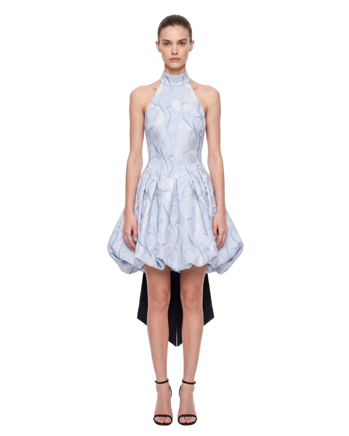 Floral Halter Bow Bubble Mini Dress - Light Blue