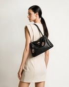 Rhea Pebbled Double Buckle Shoulder Bag - Black