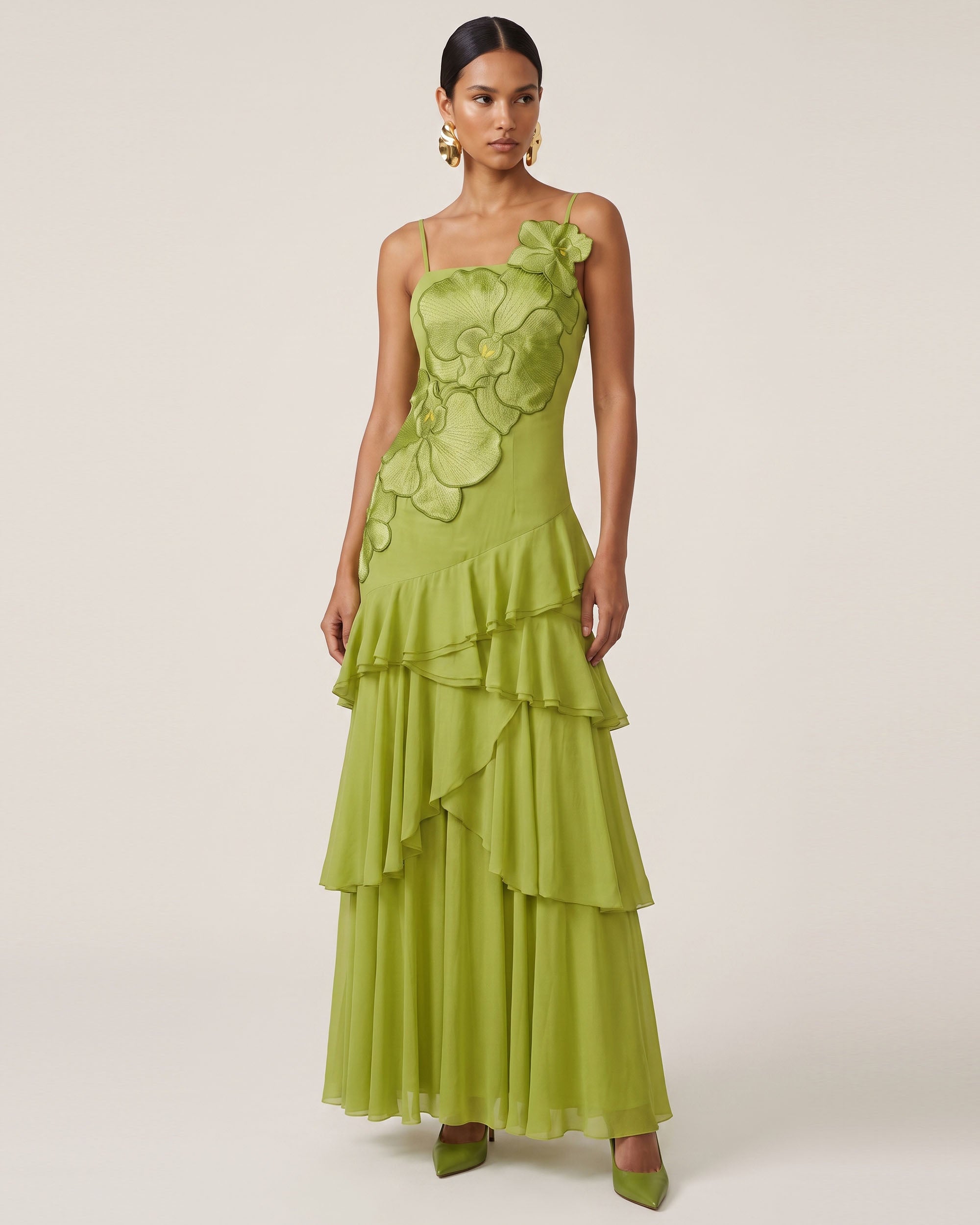 Orchid Embroidered Ruffled One-Shoulder Maxi Dress - Olive Green