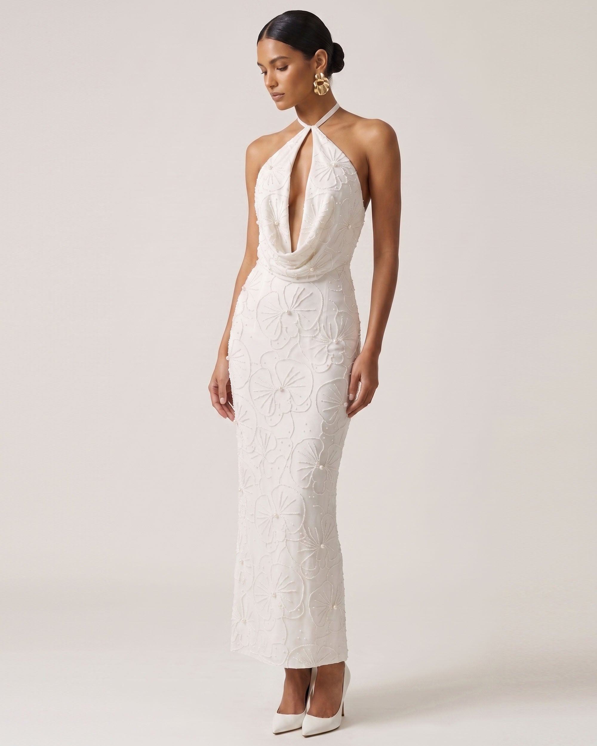 Orchid Beaded Embroidered Keyhole Cowl Halter Maxi Dress - White