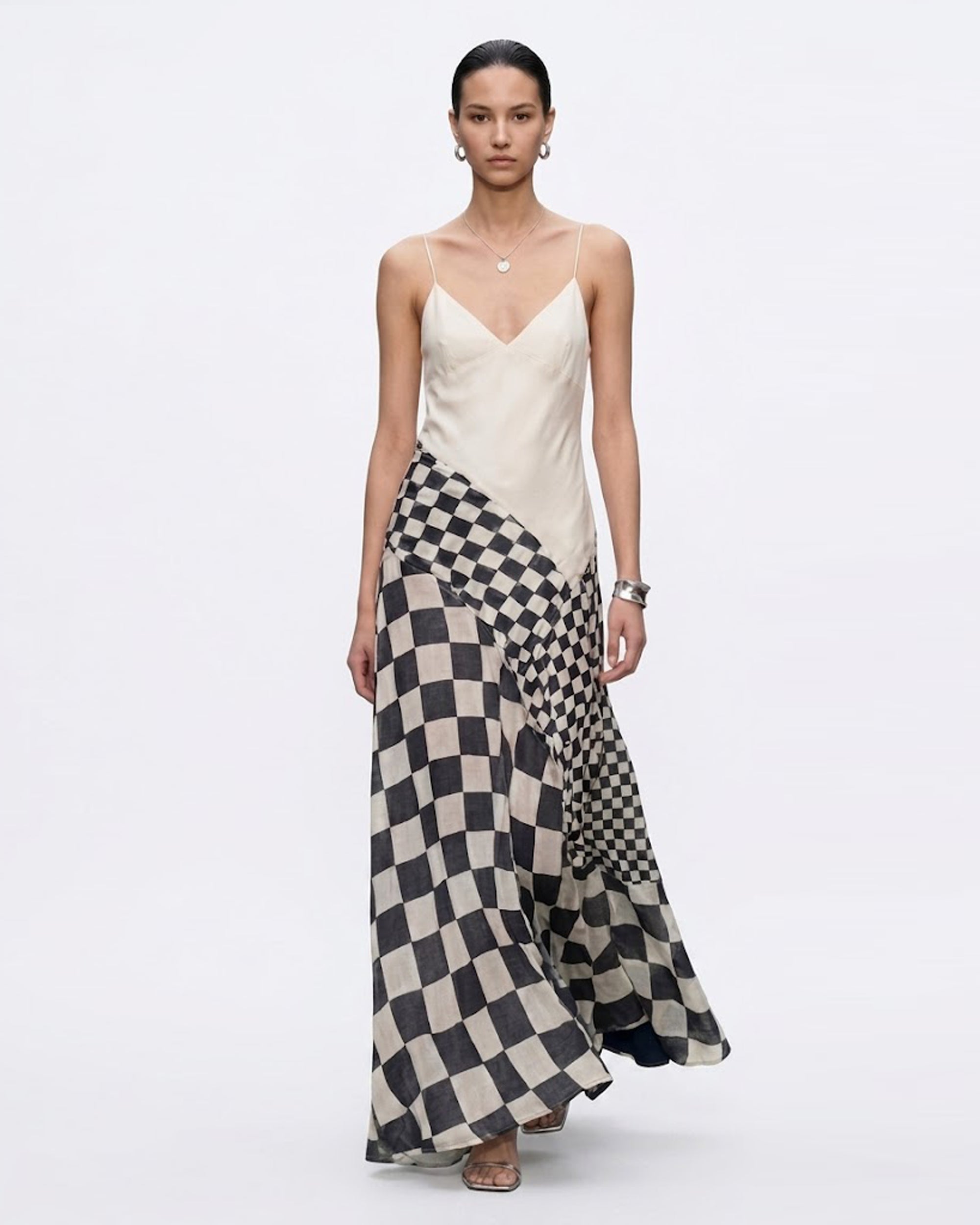 Checkerboard Spaghetti Strap Maxi Dress - Ivory & Black