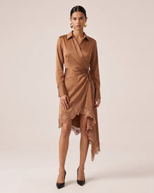 Orchid Embellished Asymmetric High-Low Satin Wrap Dress - Brown