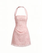 Orchid Beaded Embroidered Square Neck Halter Mini Dress - Blush Pink