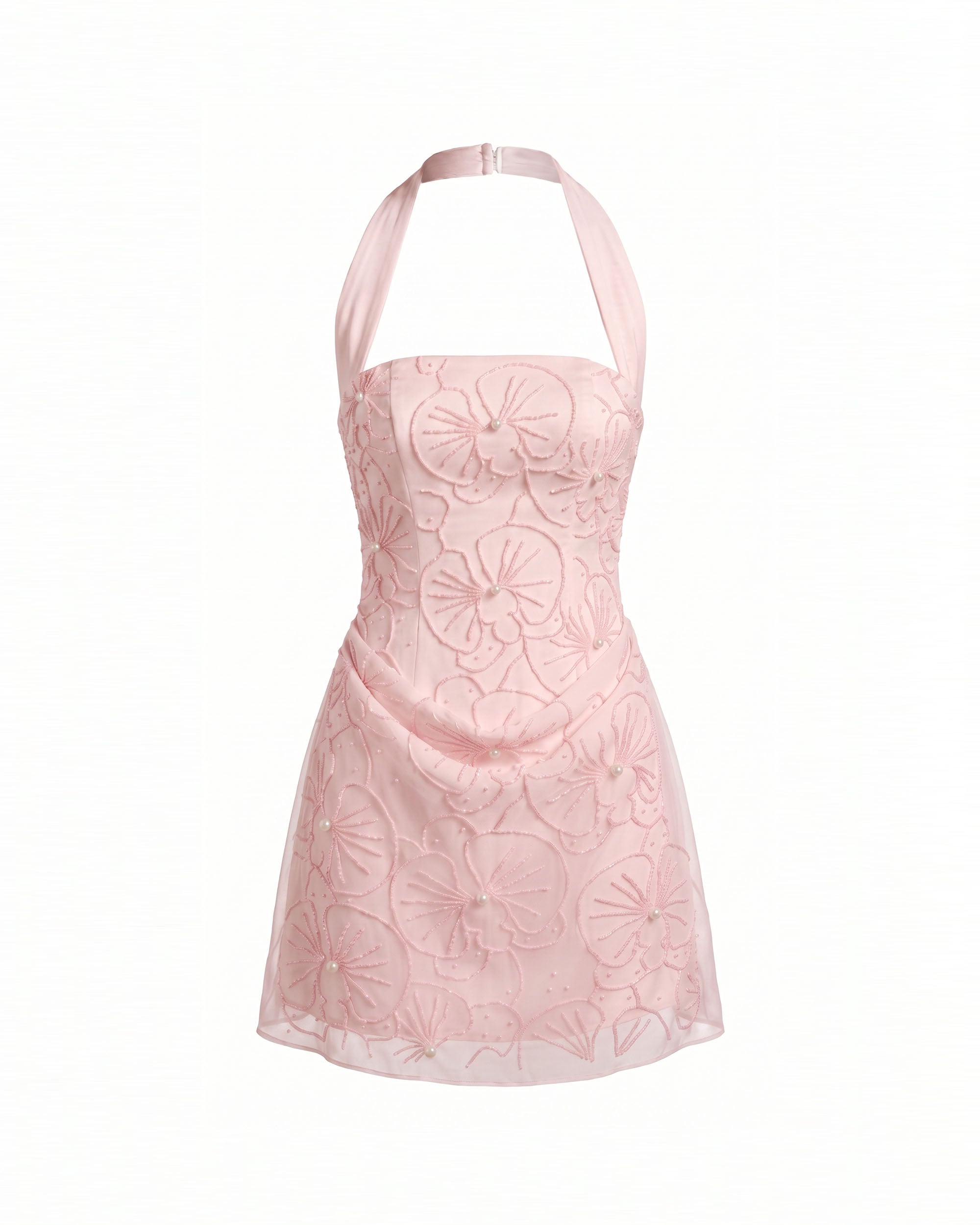 Orchid Beaded Embroidered Square Neck Halter Mini Dress - Blush Pink