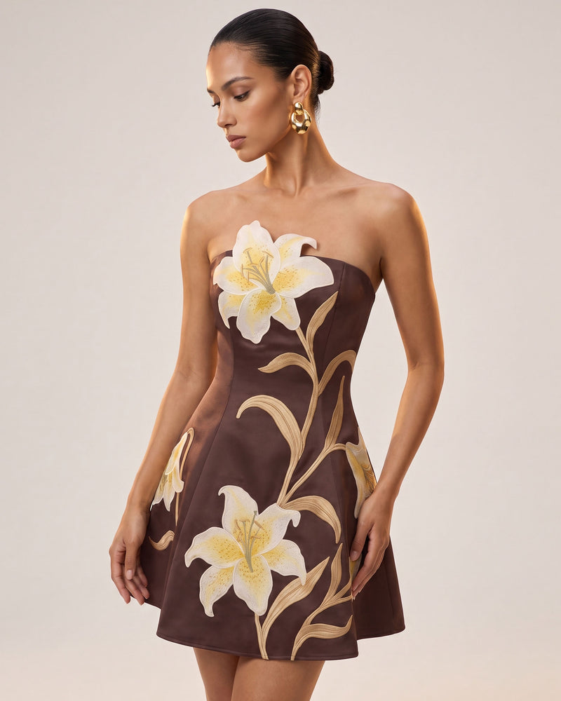 Lily Floral Print Strapless A-Line Mini Dress - Brown