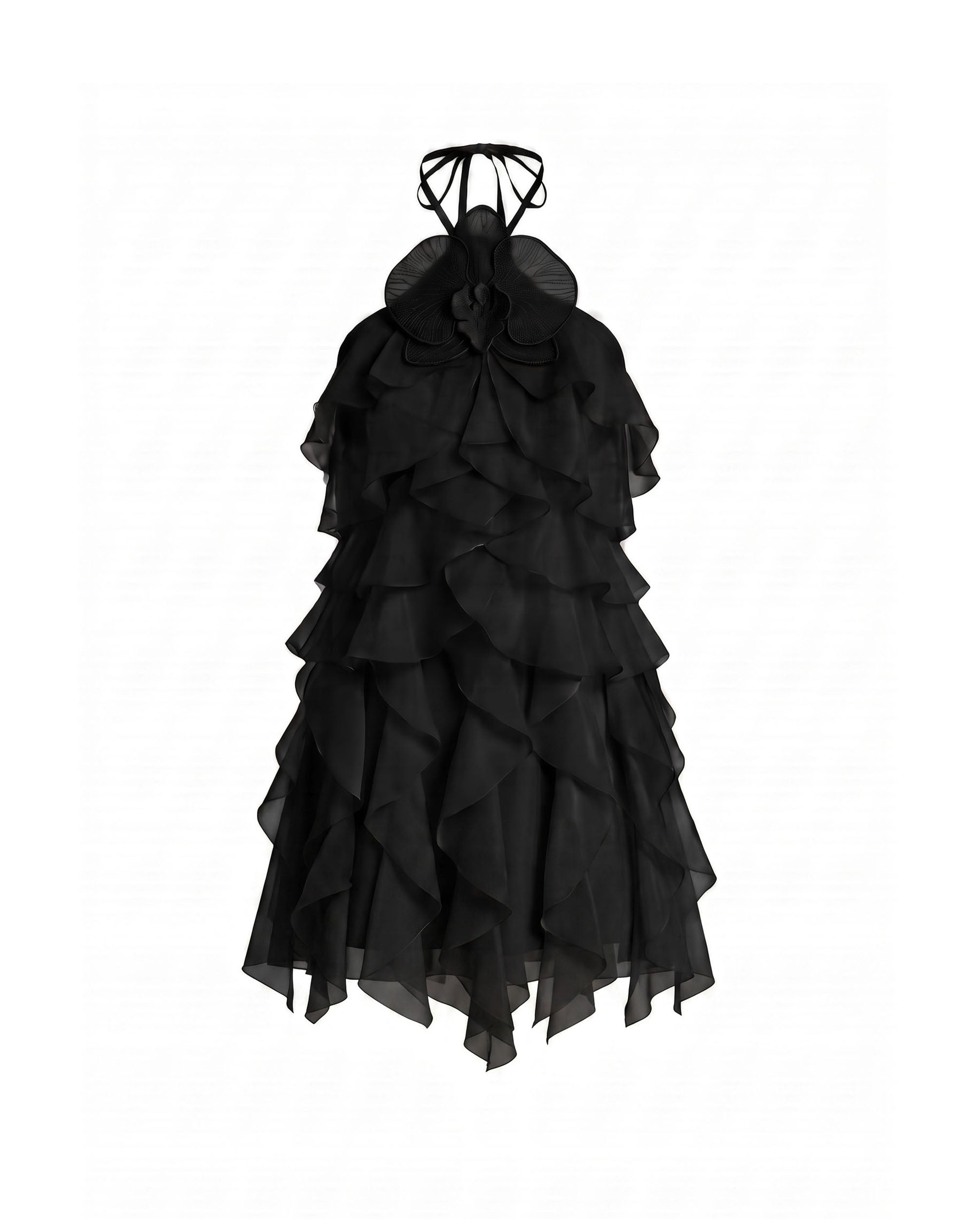 Orchid Embroidered Ruffle Halter Mini Dress - Black