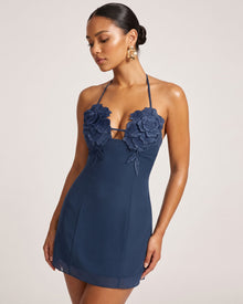 Flower Embroidered Mini Dress - Dark Blue
