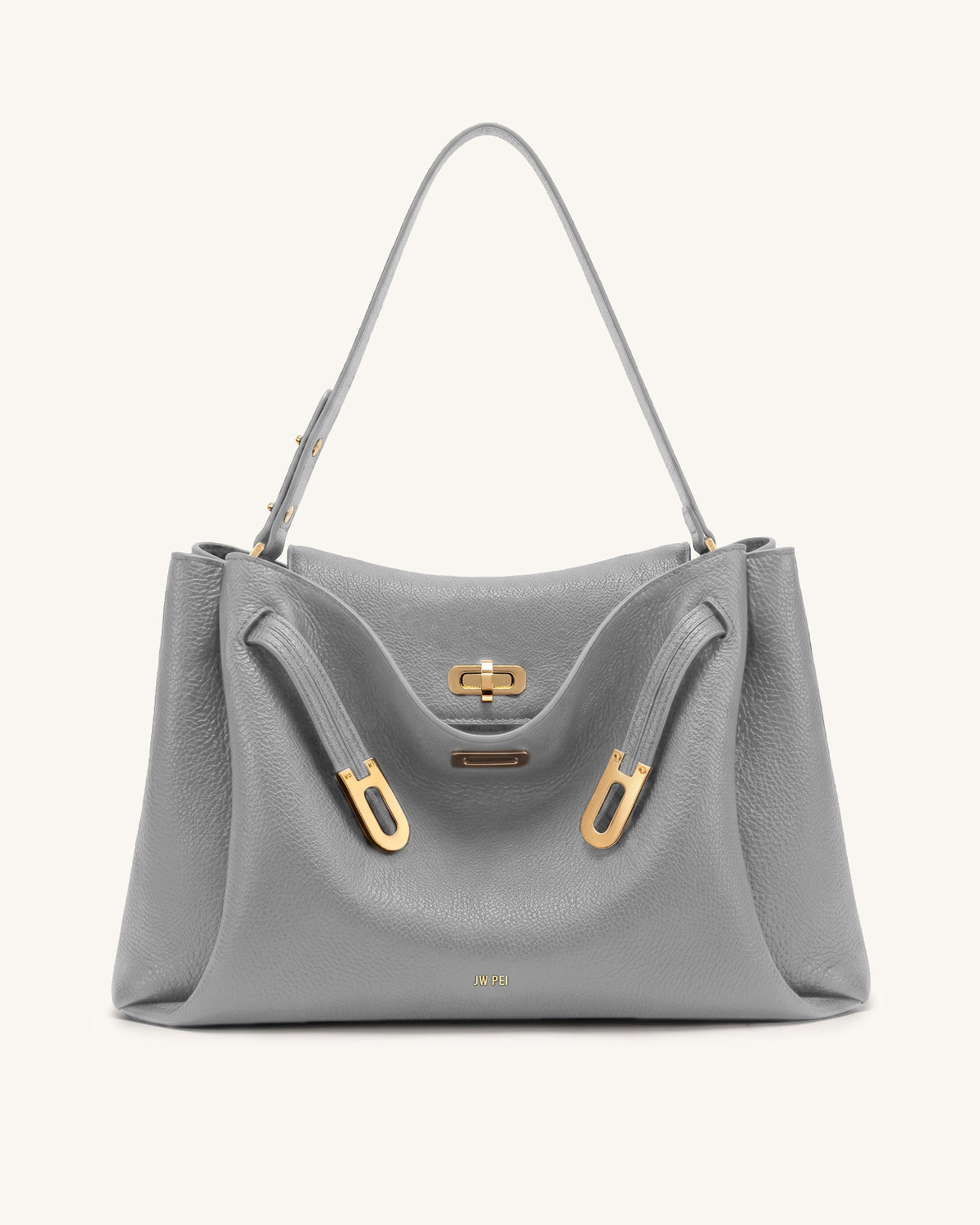Rhea Large Pebbled Double Buckle Shoulder Bag - Smoke Gray