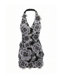 Floral Embroidered Fitted Halter Mini Dress - Black