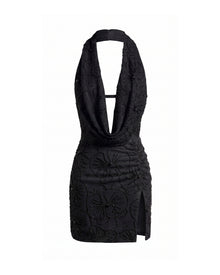 Orchid Beaded Embroidered Cowl Halter Slit Mini Dress - Black