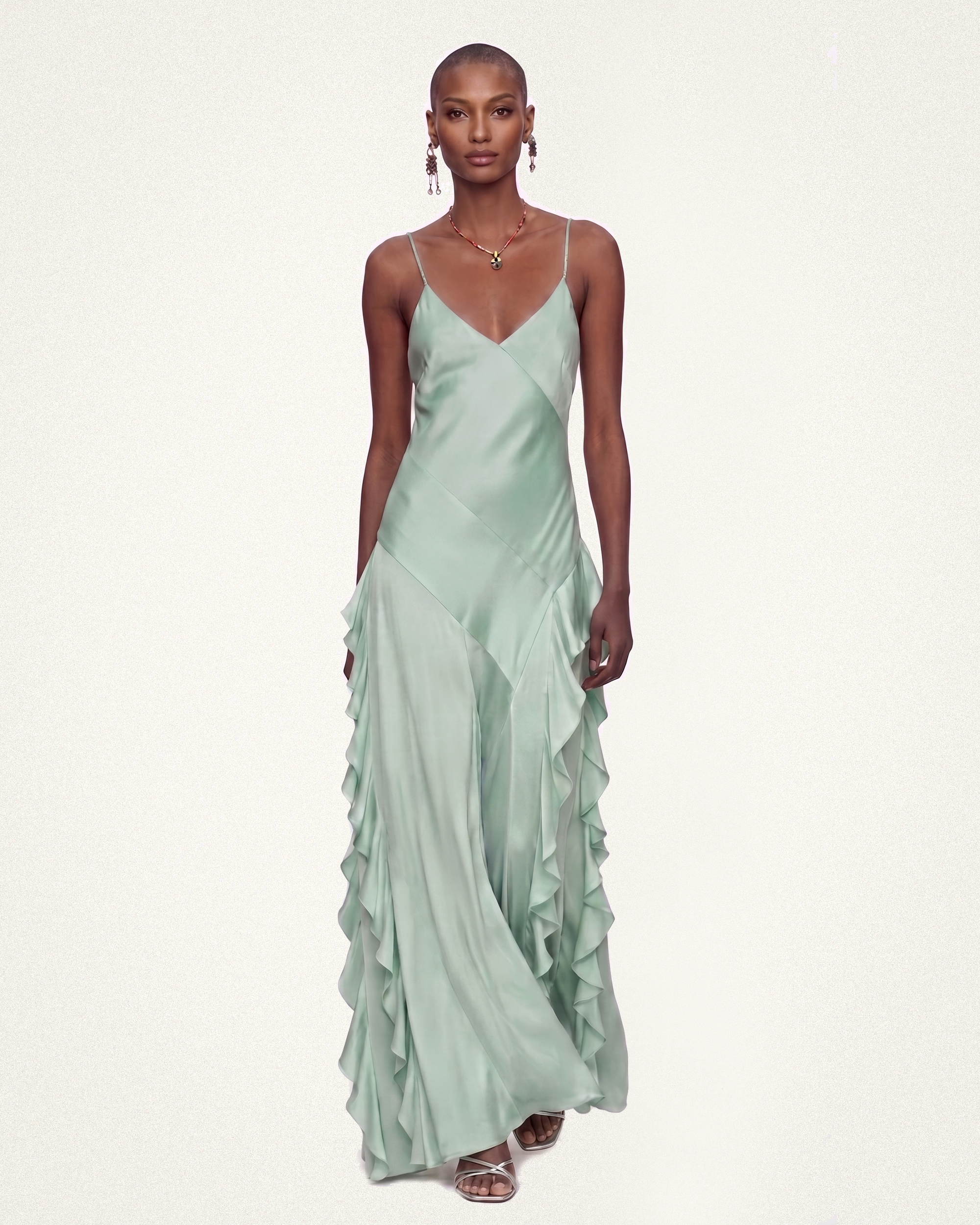 Satin Ruffle Hem Spaghetti Strap Maxi Dress - Mint Green