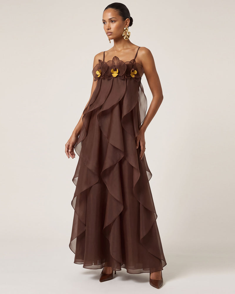 Orchid Embroidered Organza Maxi Dress - Dark Brown
