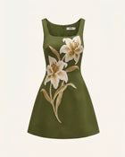 Lily Floral Print Sleeveless A-Line Mini Dress - Olive
