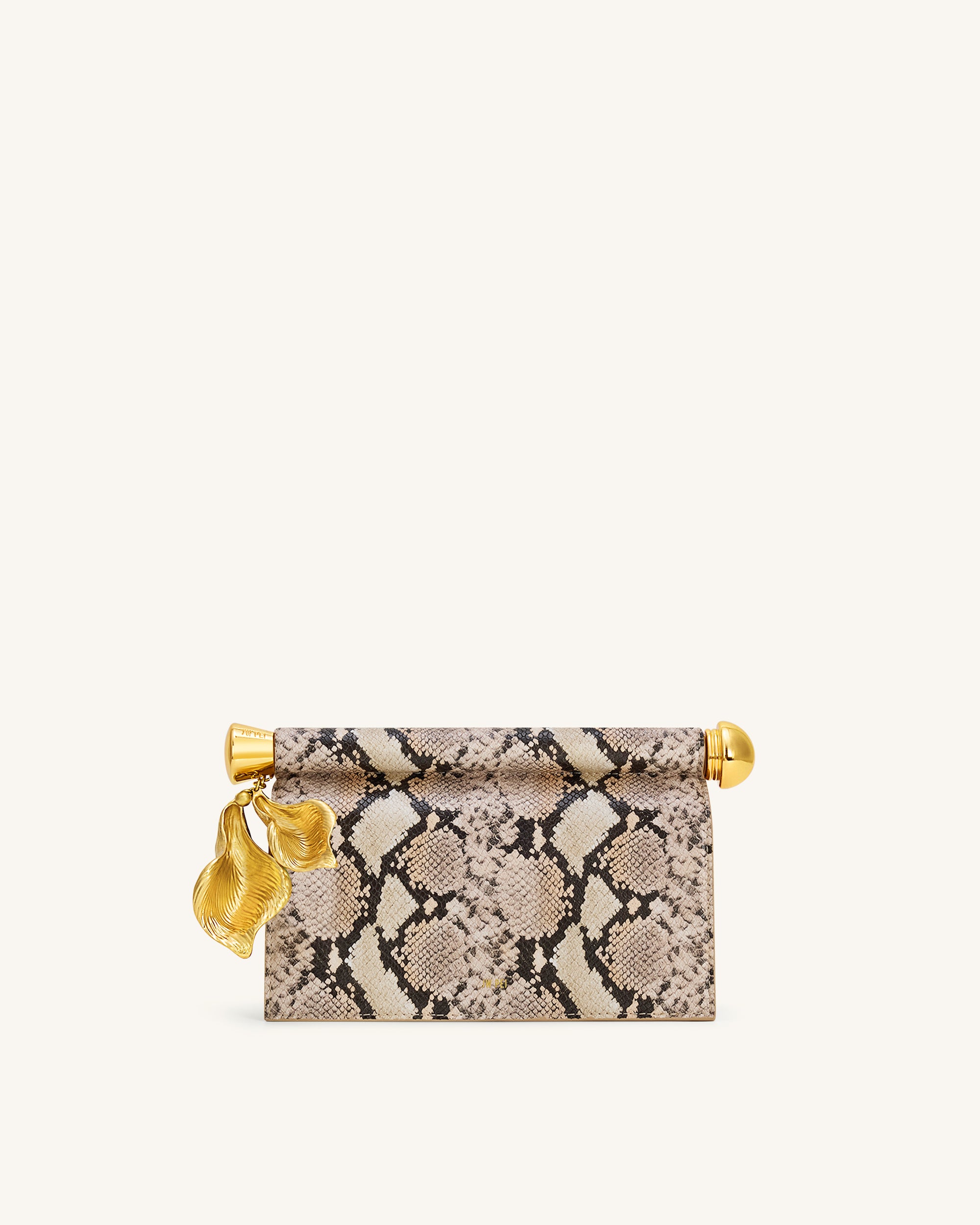 Holly Metal Pendant Embellished Snakeskin Clutch - Apricot