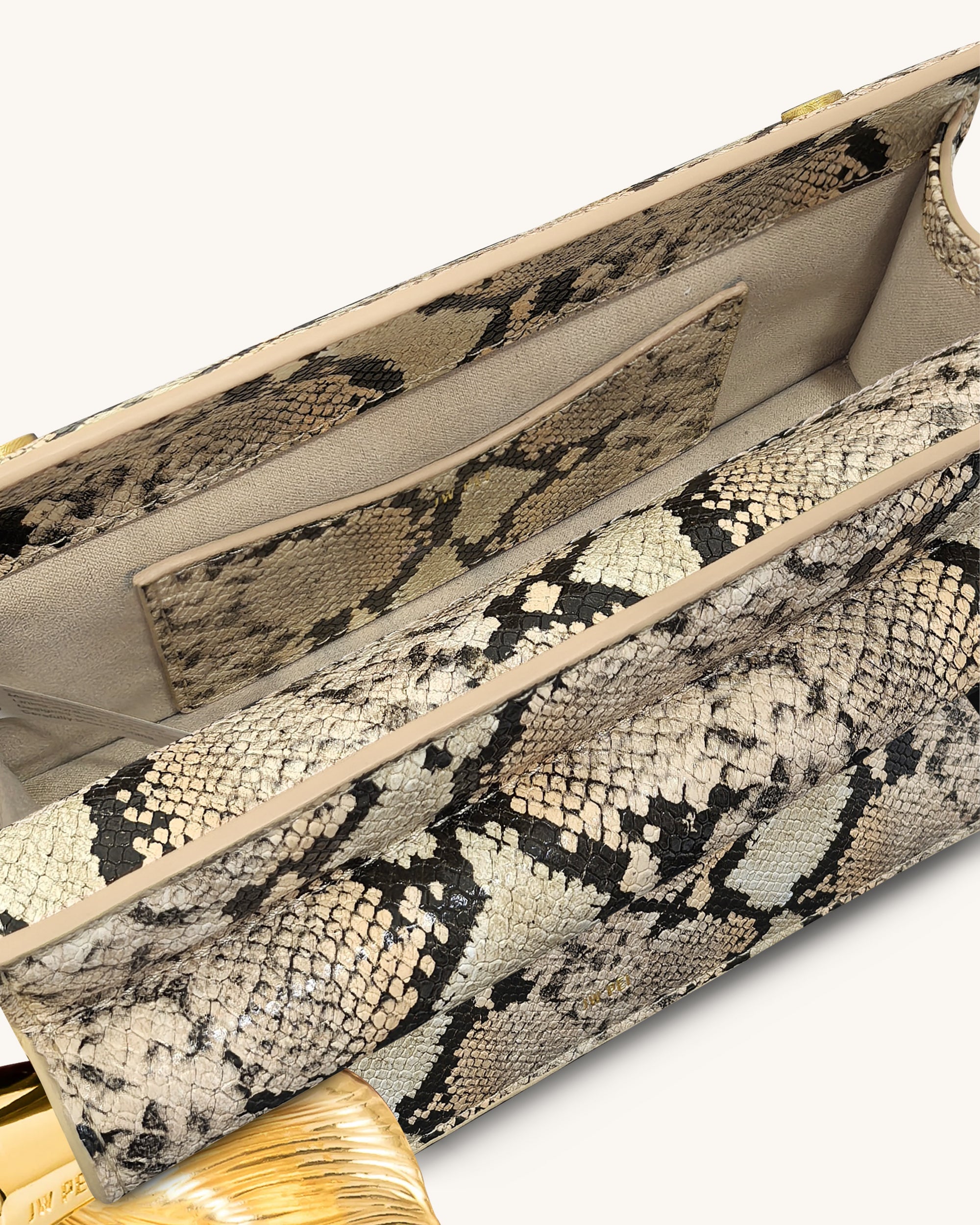 Holly Metal Pendant Embellished Snakeskin Clutch - Apricot
