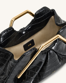 Lila Faux Croc-Effect Metal Frame Clutch - Black