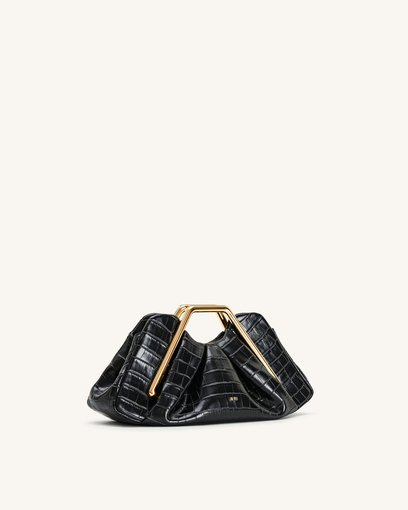 Lila Faux Croc-Effect Metal Frame Clutch - Black