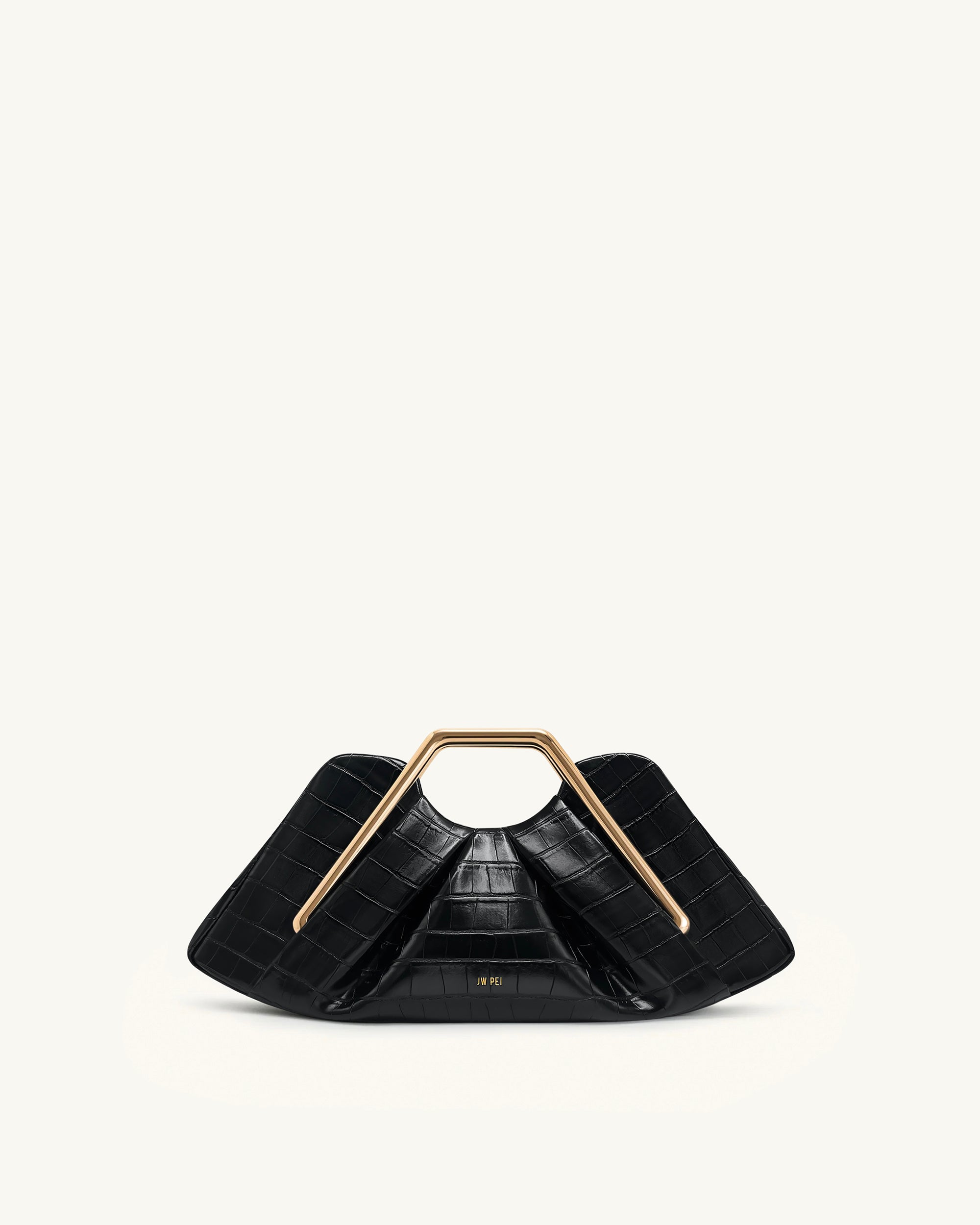 Lila Faux Croc-Effect Metal Frame Clutch - Black