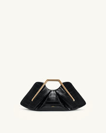 Lila Faux Croc-Effect Metal Frame Clutch - Black