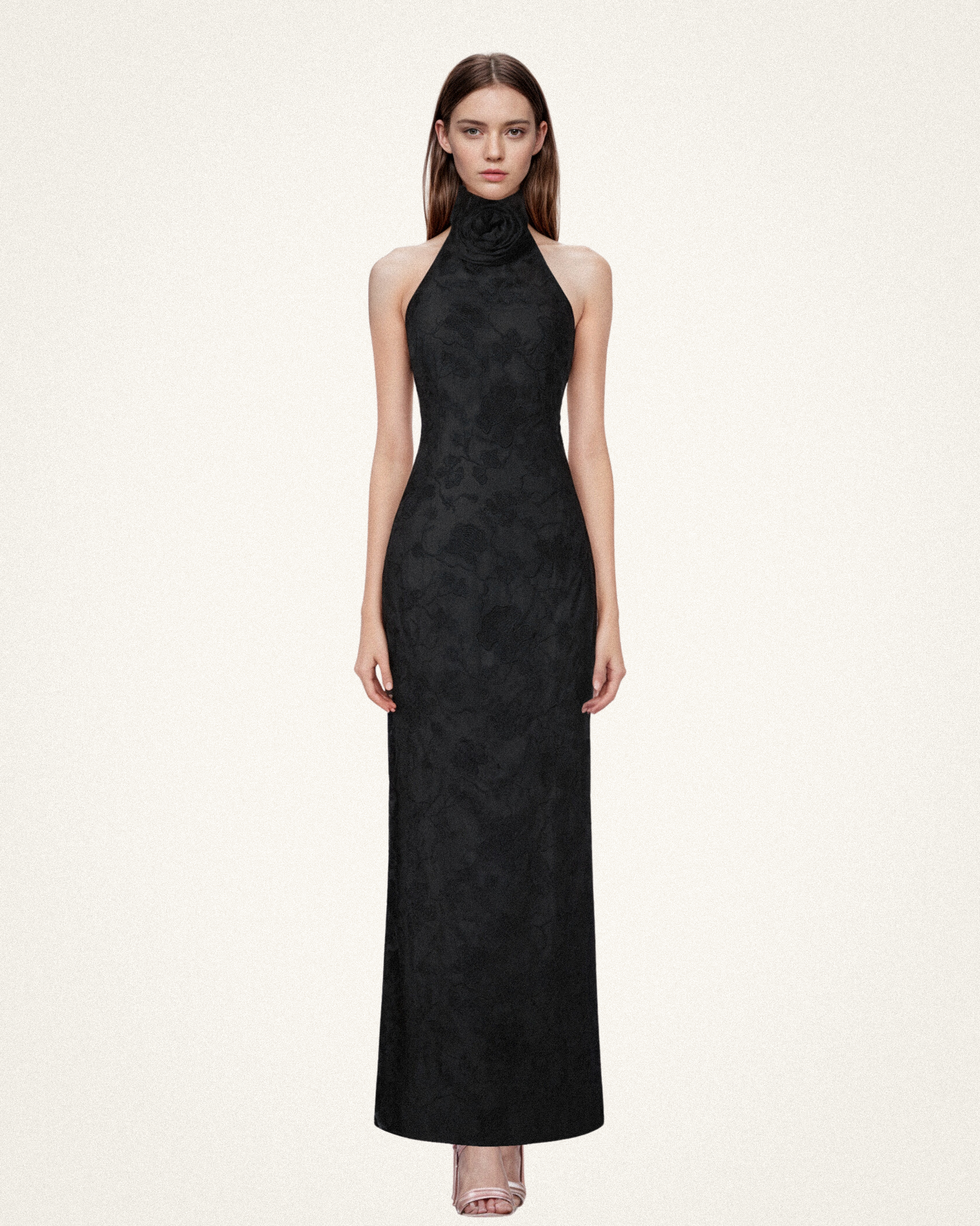 Uliana Black Floral Lace Halterneck Maxi Dress - Black