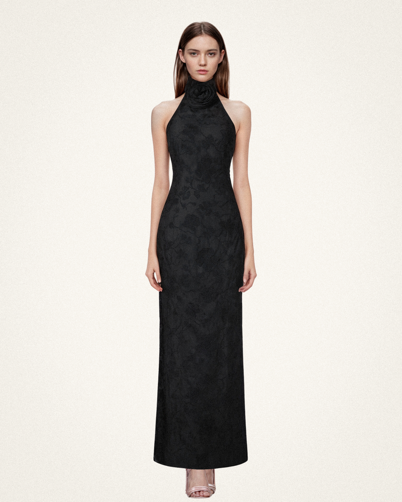 Uliana Black Floral Lace Halterneck Maxi Dress - Black