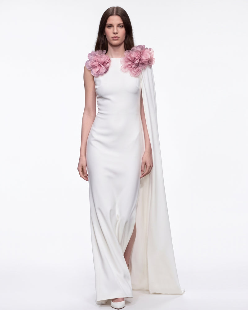 Floral Appliqué Cape Detail Column Maxi Dress - White