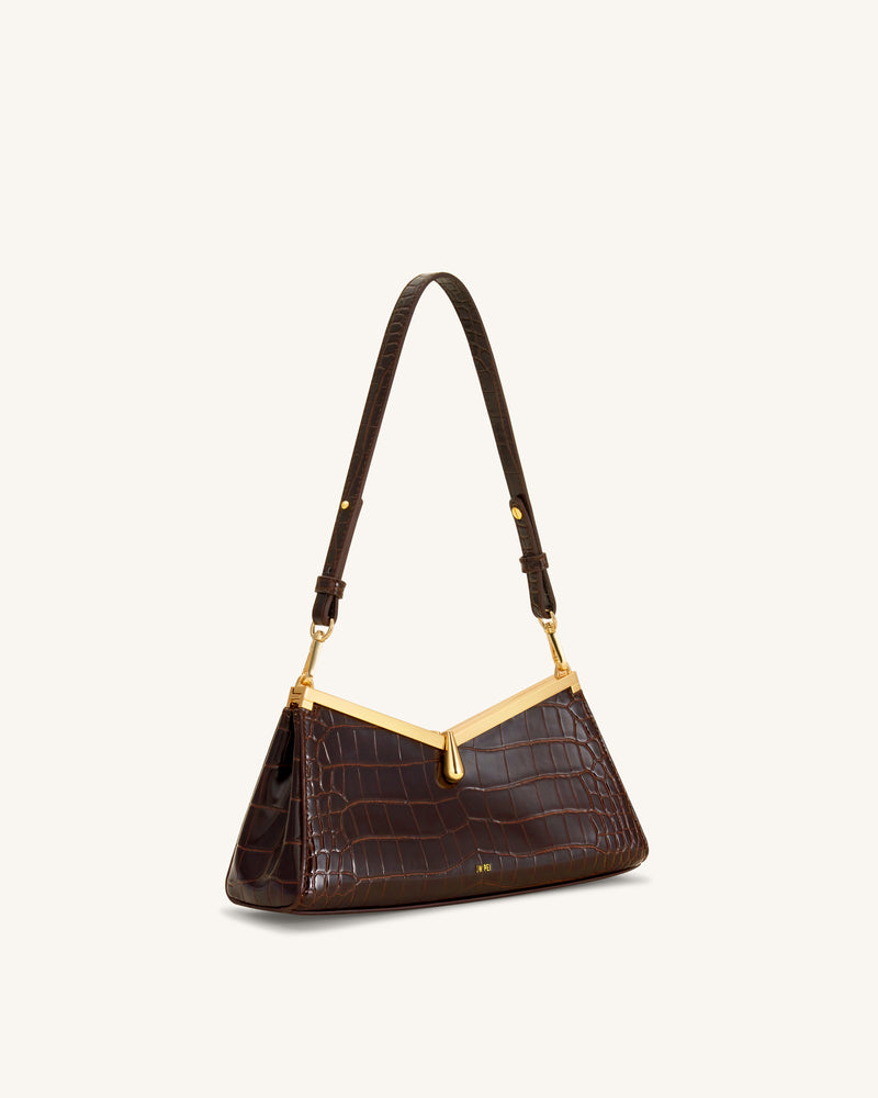 Nerina V-Frame Shoulder Bag - Dark Brown Croc